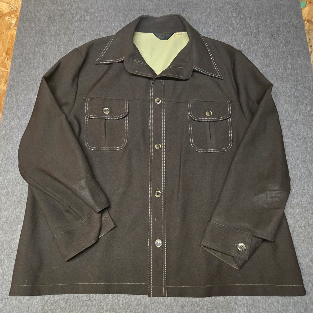 Vintage 70s JCPenney Mens Leisure Jacket Brown Contrast Stitch Shacket Sz 52 2XL